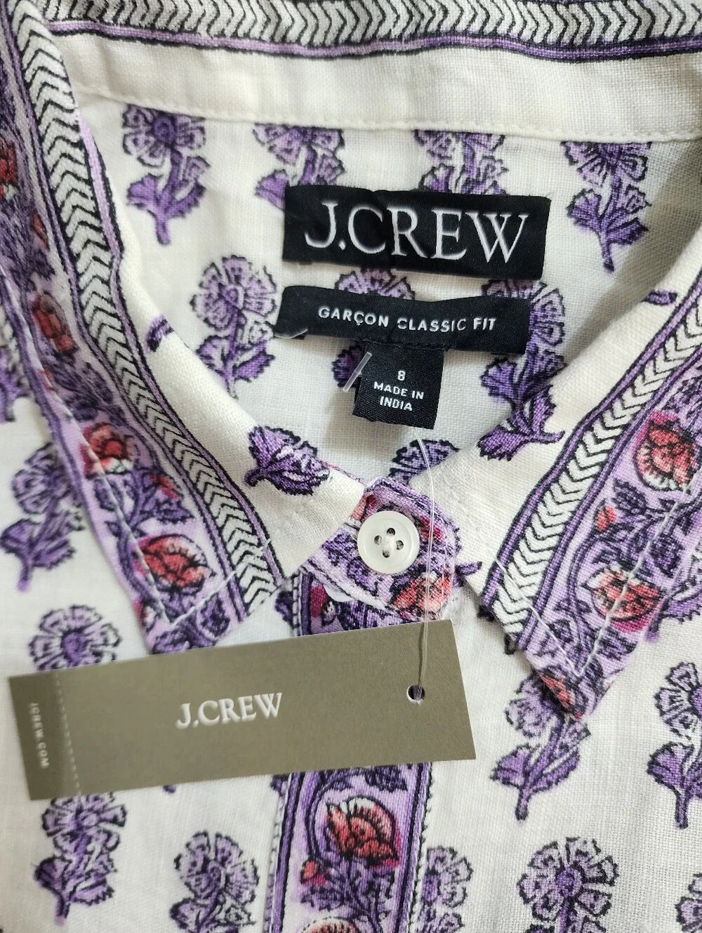 J.Crew Garcon Linen Shirt Lilac Block Print Boho Indian Floral NWT Size 8